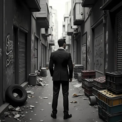 Prompt: In a narrow urban alleyway, a man in a sharp suit stands quietly, facing slightly away from the viewer with a contemplative expression. The setting is characterized by muted tones, with the scene rendered primarily in black and white, emphasizing the gritty texture of the surroundings, which include scattered debris, old tires, and colorful crates that hint at an urban life's vibrancy. Graffiti adorns the walls, suggesting a dynamic, ever-changing environment, while soft, diffused light from nearby structures casts a moody atmosphere over the scene. The man's poised demeanor juxtaposes the rough surroundings, creating a compelling narrative of contrast between his formal attire and the raw backdrop, evoking a sense of introspection amidst the chaos of city life.