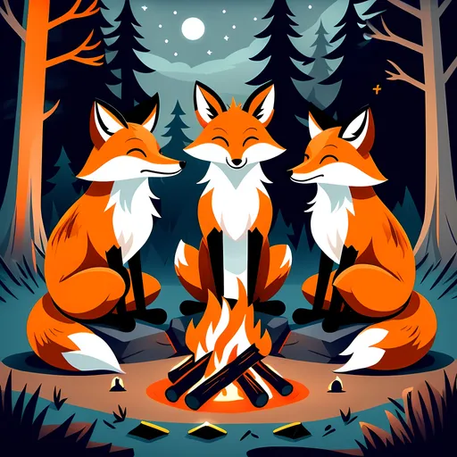 Prompt: three foxes sitting around a campfire, behance. polished, illustrations of animals, foxes, fox, fox animal, featured on illustrationx, humblewood art style, art of silverfox, campfire background, in the style dan mumford artwork, behance favourite, ( ( ( ( ( dan mumford ) ) ) ) ), fox ears illustration, trend on behance illustration