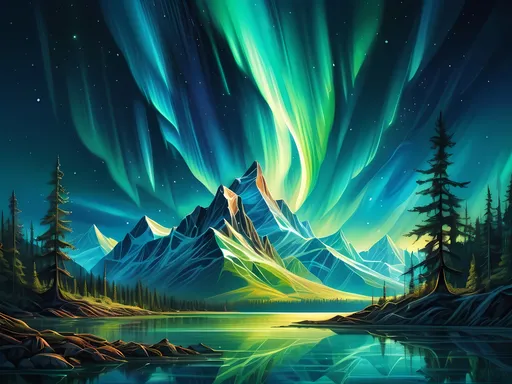 Prompt: (aurora borealis), vibrant colors, mesmerizing greens and blues, captivating energy, stunning mountain range, serene lake in the foreground, detailed texture, (posters of Dan Mumford style), fantastical elements inspired by Josan Gonzales, dramatic lighting, high contrast, (digital painting), ultra-detailed, cosmic ambiance, immersive atmosphere, subtle reflections on the water.