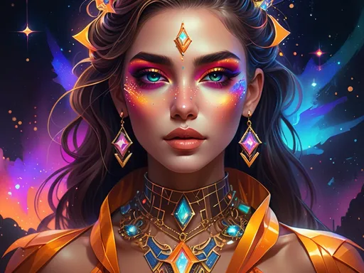 Prompt: digital painting of a woman adorned with vibrant (bright makeup) and intricate jewelry on her face and chest, enchanting background of shimmering stars, warm color scheme, (Artgerm style), fantasy art, (highly detailed), atmospheric vibe, captivating ambiance, (cyberpunk elements), dynamic shapes and patterns, elegant and modern, 4K, ultra-detailed masterpiece.