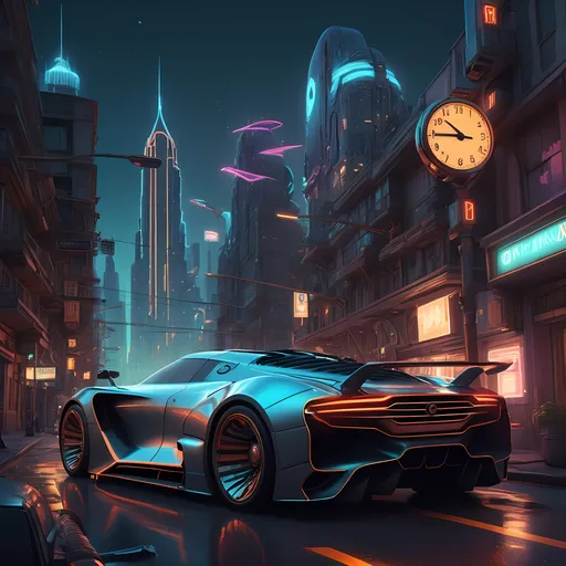 Prompt: (futuristic car), (vibrant color scheme), city skyline at night, glowing street lights casting dramatic shadows, intricate details in the foreground, (detailed matte painting), inspired by Alejandro Burdisio, retrofuturism vibes, (ultra-detailed), a blend of technology and artistry, trending on ArtStation, cinematic depth, atmospheric ambiance.