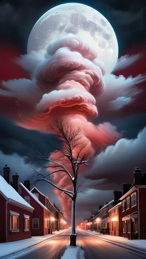 Prompt: Photorealistic image, a long cloud dramatically hovering over a snowy landscape at night, illuminated by a warm street light in the foreground, vibrant red sky contrasting against dark shades, a masterpiece of art photography blended with airbrush techniques, colorful clouds swirling, conveying a sense of tranquil solitude and chilling beauty, ultra-detailed, captivatingly moody ambiance.