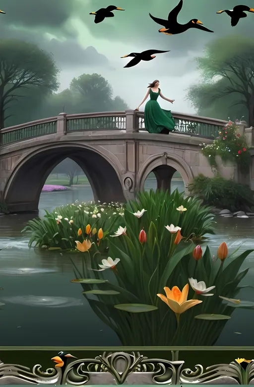 Prompt: A photo-realistic image of a woman in a flowing green dress soaring gracefully over a serene river, surrounded by vibrant ducks and delicate flowers. A quaint bridge elegantly arches toward a tranquil pond in the background. Captured in a photo-film noir style, with a muted color scheme evoking a moody, atmospheric vibe. Anne Stokes-inspired fantasy art, ultra-detailed digital painting, fine art quality, rich depth and nuance for a cinematic effect.