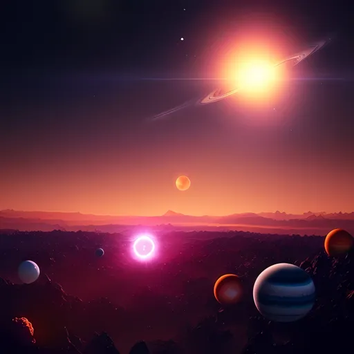 Prompt: a group of planets in the sky with a star in the middle of the image and a bright star in the middle of the picture, Beeple, space art, space, concept art