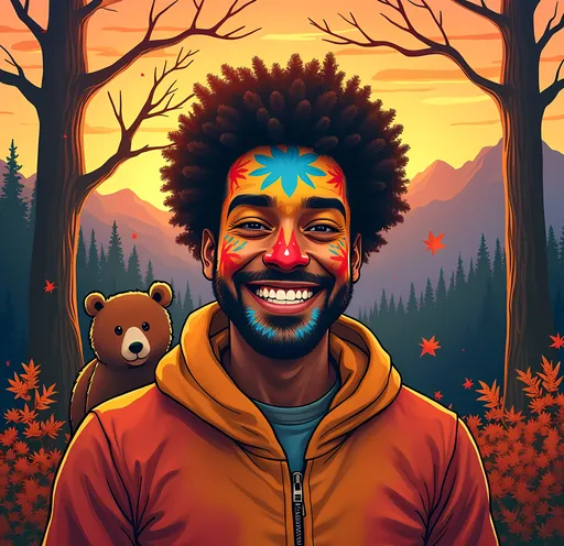 Prompt: Vibrant autumn colors envelop a joyful man with face paint decorated in a kaleidoscope of hues, showcasing playful reds, blues, and yellows that mirror the colorful foliage behind him. His radiant smile reveals his exuberance, set against a backdrop of tall, bare trees and softly lit, distant mountains, all bathed in a warm, orange glow reflective of sunset. Surrounding him are hints of a lush, flower-filled landscape, contrasting beautifully with the cool tones of the evening sky. Alongside this lively scene, a whimsical, cartoonish bear and its cub peek from a partially visible illustration, adding a layer of playfulness that enhances the overall cheerful atmosphere of the composition. The fusion of realism and fantasy creates a delightful narrative, inviting the viewer into a world of joy and imagination.