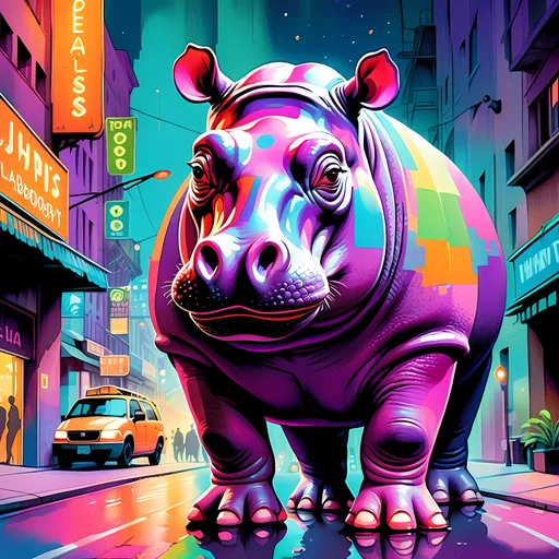 Prompt: watercolor style, a vibrant pastel color scheme, a hippo in a city street at night, glowing neon lights illuminating the urban landscape, detailed architecture in the background, dynamic composition reflecting Chris LaBrooy's aesthetic, neo-fauvism influence, highly detailed, airbrush texture, whimsical yet urban atmosphere, captivating interplay of light and shadow, ultra-detailed illustration.