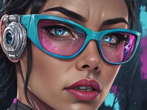 Prompt: (woman with bright makeup, sunglasses on her face), (watch on her ear), cyberpunk art, Artgerm style, photorealistic, highly detailed digital painting, vibrant neon colors, futuristic urban setting, dramatic lighting, intricate textures, captivating expression, dynamic pose, high-definition imagery, cinematic composition, dreamlike atmosphere, modern aesthetic.