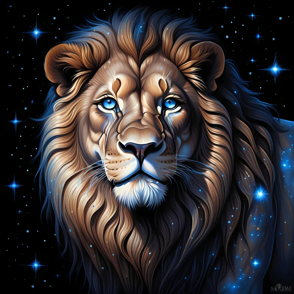 Prompt: (misc-macabre style art), a majestic lion with (blue eyes) set against a (starry background), high detail, (warm color scheme), intricate textures, (highly detailed digital painting), reminiscent of Anne Stokes' aesthetic, ethereal elements, dreamy space art, airbrush painting techniques, captivating and otherworldly ambiance, contrasting light and shadows, vivid depth.