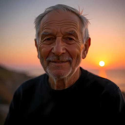 Prompt: A weathered yet warm face emerges from the soft, fading light of dusk, revealing deep-set wrinkles that narrate a lifetime of experiences and stories. The elderly man's gentle smile, accentuated by a neatly trimmed beard, exudes wisdom and kindness, framed by his short, silver hair. He is clad in a cozy, dark sweater, suggesting a relaxed outdoor setting, possibly by the shore, where the serene atmosphere invites reflection. The soft, golden glow of the horizon enhances the texture of his skin and the depth of his expressive eyes, creating an intimate and contemplative mood that resonates with the viewer. As the day transitions to night, the image captures not just a moment in time but the essence of a life rich with memories.