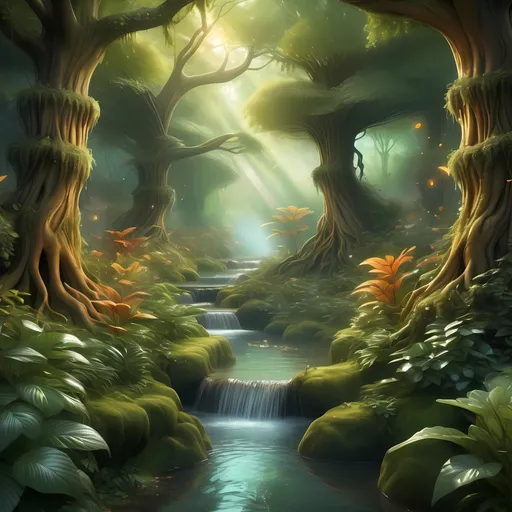 Prompt: (fantasy style forest) with (warm color scheme), a serene stream flowing through lush greenery, (bright light filtering through the trees), magical atmosphere captured in a detailed matte painting, inspired by Anne Stokes, enchanting details and intricate textures, whimsical creatures hiding among the foliage, ethereal glow illuminating the surroundings, (ultra-detailed) and (vibrant) design, (high quality) artwork.