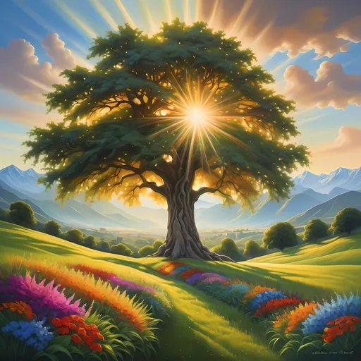 Prompt: A majestic tree, sunlight streaming through its vibrant leaves, creating a magical interplay of light, in a lush field adorned with colorful flowers and rich green grass, distant mountains silhouetting the horizon. A delicately detailed, beautifully backlit photorealistic painting, embodying the charm of magical realism, capturing every nuance of nature's splendor and enchantment.