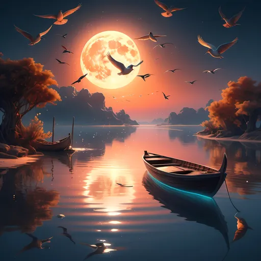 Prompt: Photorealistic, a serene boat gently floating on a tranquil body of water, under a captivating sunset sky brimming with warm hues, surrounded by graceful birds soaring above, and a luminous full moon casting soft reflections. Stunning fantasy art by Anton Fadeev, enriched by rossdraws global illumination, evoking a storybook illustration's dreamlike ambiance, ultra-detailed, high-definition, with a radiant, enchanting atmosphere.