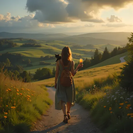Prompt: woman carrying a candle, cat perched on her shoulder, windy road twisting through the beautiful English countryside, lush green fields, vibrant wildflowers swaying gently, dramatic clouds overhead, warm golden light casting enchanting shadows, whimsical atmosphere, adventurous spirit, ultra-detailed, breathtaking scenery, idyllic countryside charm, HD.