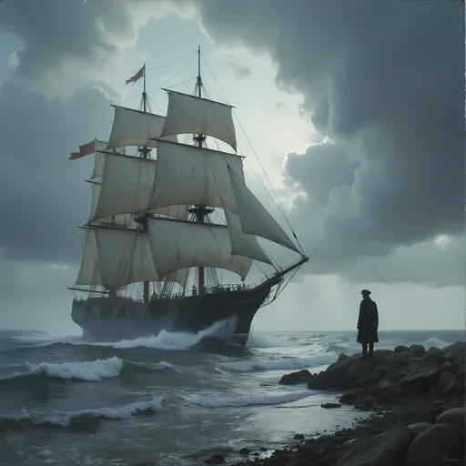 Prompt: Amidst swirling gray clouds and turbulent waters, a majestic tall ship looms large, its billowing sails catching the muted light filtering through the overcast sky. The vessel, sturdy and classic in design, cuts through the waves with a sense of purpose, while a lone figure in a dark uniform stands in the shallow water, seemingly at peace with the encroaching storm. The somber color palette evokes a mood of mystery, enveloping the scene in a dreamlike atmosphere that hints at adventures and untold stories of the sea. The composition draws the eye from the solitary figure on an island to the impressive ship, embodying a stark contrast between man and the vastness of nature, underscoring themes of solitude and exploration.