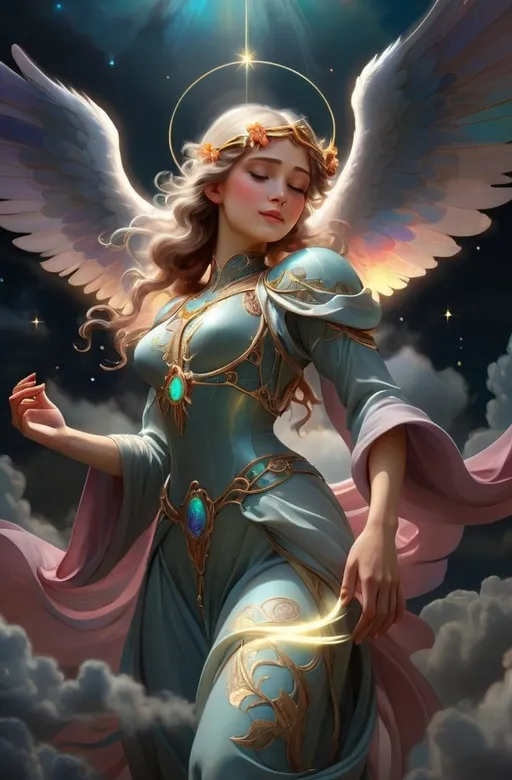 Prompt: (art nouveau style), woman with wings, halo around neck, standing in cloud-filled sky, vibrant colors, ethereal atmosphere, star glowing above, intricate details, dynamic forms, dreamy and fantastical essence, (dark fantasy art), (fantasy art), richly painted masterpiece, 4K, ultra-detailed, surreal beauty.