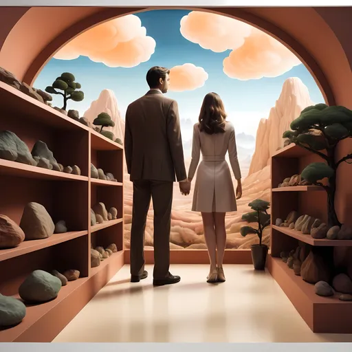 Prompt: (ultra-detailed) interior scene showcasing a (man and woman) standing together, surrounded by intricate shelves filled with (rocks) and (miniature trees), gazing at a captivating (painting of a landscape) on the wall. (Surreal photography) style with vibrant, dreamy colors and soft lighting presents an ethereal atmosphere. Incorporate elements of (Chris LaBrooy's) distinctive environmental art style and the smooth textures typical of (airbrush painting), creating a visually stunning composition.