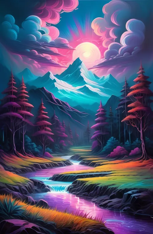 Prompt: (futuristic-vaporwave mountain landscape painting), (vibrant color scheme), dramatic clouds, radiant moonlight, gentle stream running through the center, influenced by Dan Mumford, fantasy art style, warm glowing hues, silk smooth brush strokes, rich depth, atmospheric fantasy, (oil painting), enchanting ambiance, high detail, ultra-detailed HD.