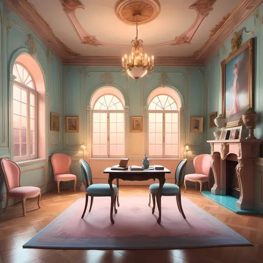 Prompt: (room interior with a table and chairs), (two books on the floor), (Chris LaBrooy style), magic realism, pastel color palette, whimsical ambiance, luxurious texture, intricate details, soft, dreamy lighting, high depth cinematic masterpiece, captivating composition, (ultrafine detailed painting), inviting atmosphere, diverse elements blending harmoniously, overall serene vibe, stunning visual artistry.