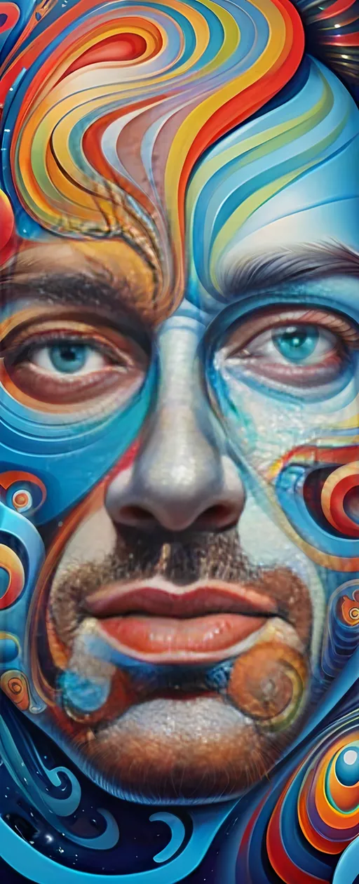 Prompt: (surrealism style painting), man's face, (colorful swirl pattern) across the face, vibrant color scheme, (blue background), inspired by Android Jones and Tristan Eaton, psychedelic art, ultrafine details, rich textures, captivating composition, (highly detailed), extravagant colors, dreamlike atmosphere, (modern masterpiece), creative expression with a twist of imagination.