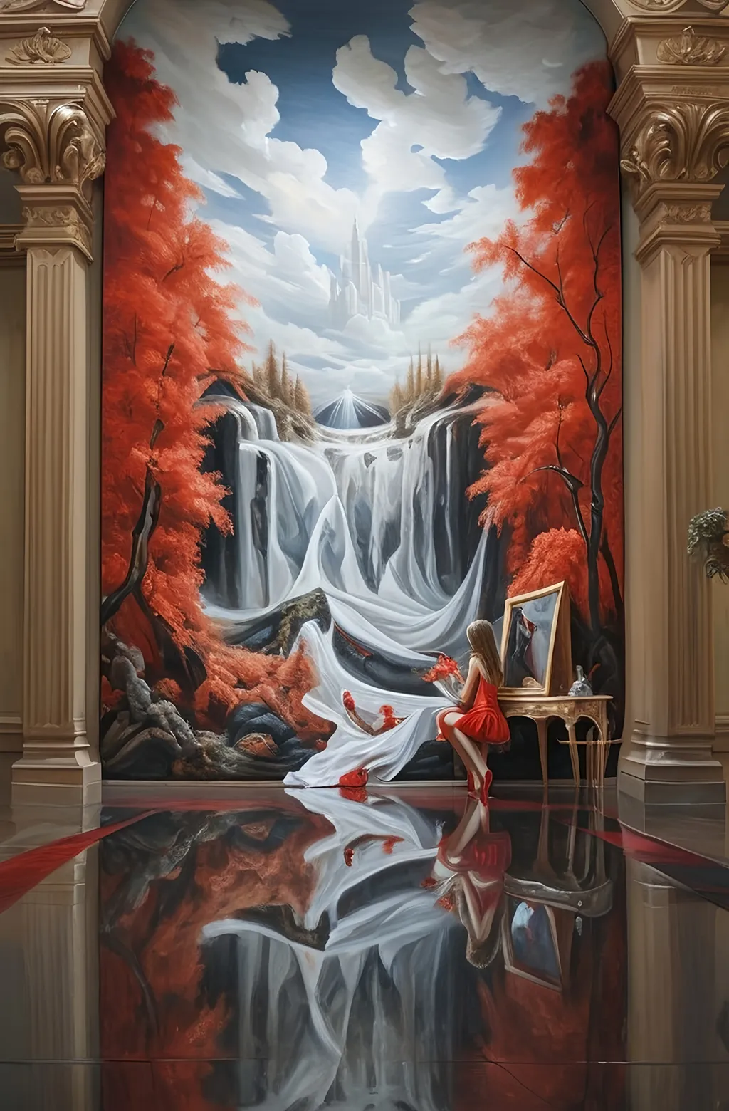 Prompt: a woman in a red dress sitting on a bed with a mirror behind her and a painting of a woman in a red dress, Elina Karimova, fantasy art, extremely detailed oil painting, a photorealistic painting