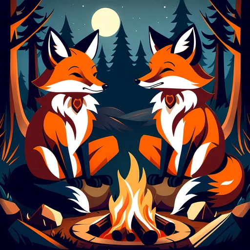 Prompt: three foxes sitting around a campfire, behance. polished, illustrations of animals, foxes, fox, fox animal, featured on illustrationx, humblewood art style, art of silverfox, campfire background, in the style dan mumford artwork, behance favourite, ( ( ( ( ( dan mumford ) ) ) ) ), fox ears illustration, trend on behance illustration