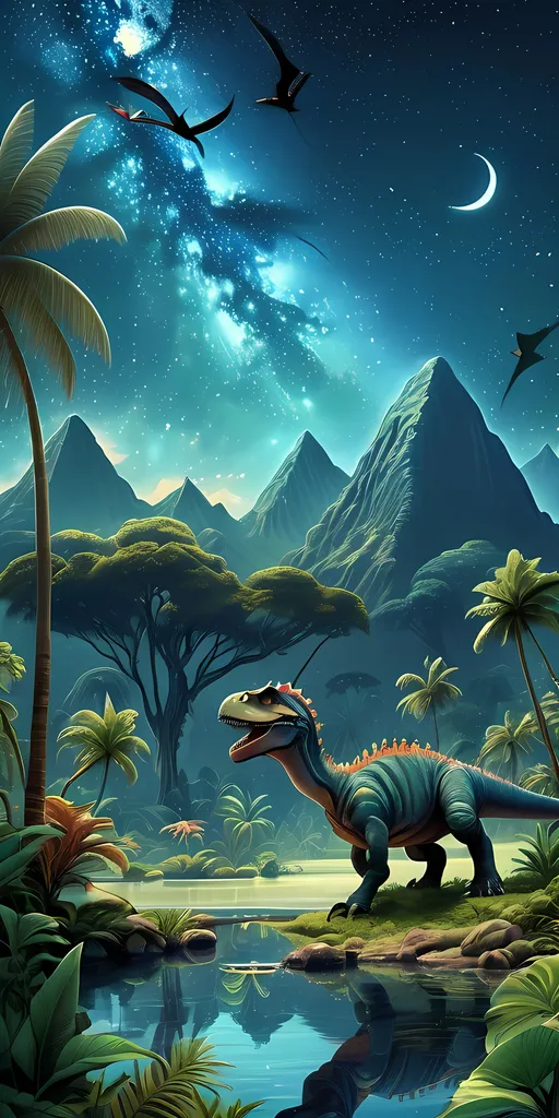 Prompt: (detailed matte painting), vibrant (fantasy style), warm color scheme, a majestic dinosaur in a lush (tropical landscape), background featuring towering mountains and dense trees, serene pond in the foreground reflecting colors, inspired by Adam Rex, intricate details highlighting the primitive elements, immersive atmosphere, (wallpaper) quality, ultra-detailed, fantastical charm.