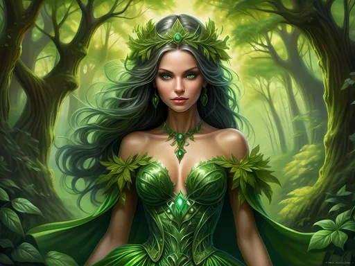 Prompt: (fantasy style) woman in a (vibrant green dress), surrounded by (lush forest), trees and bushes enveloping her, (looking directly at the camera), inspired by (Anne Stokes), (highly detailed digital painting), vivid colors enhancing the enchanting scene, magical ambiance, intricately designed attire, glowing highlights on foliage, dramatic contrast, ultra-detailed, captivating fantasy landscape, ethereal mood.