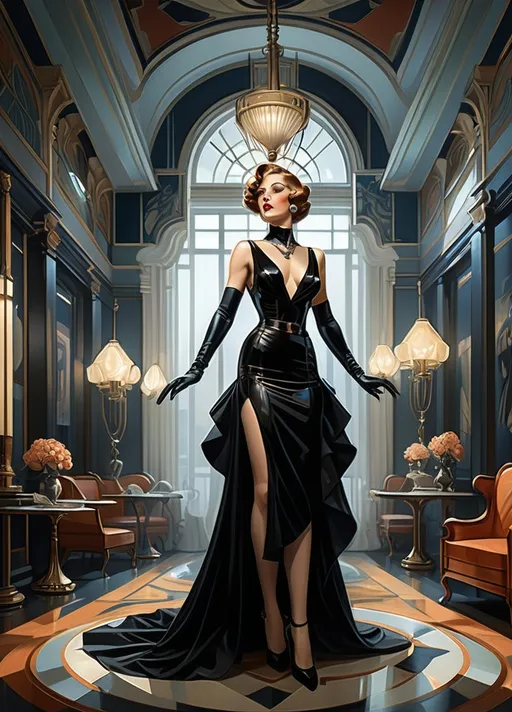 Prompt: (central content: woman in a black dress and gloves), (luxurious room), chandeliers and wall lamps, (art deco style), (freedom of expression), (elegant posture), dramatic lighting casting rich shadows, intricate details, and patterns (J.C. Leyendecker inspired), (comic book panel design), vibrant color contrast, (highly detailed), 8K ultra-resolution, cinematic ambiance. Hubert de Givenchy