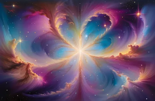 Prompt: (vibrant galaxy with stars and clouds), (large radiant star at the center), airbrush painting, colorful nebula, dreamy atmosphere, enchanting fantasy, luminous celestial bodies, soft wisps of cloud intertwining with shimmering stars, cosmic depth, vastness of space, intricate details, ethereal lighting, stunning art piece, masterpiece interpretation of space elegance.