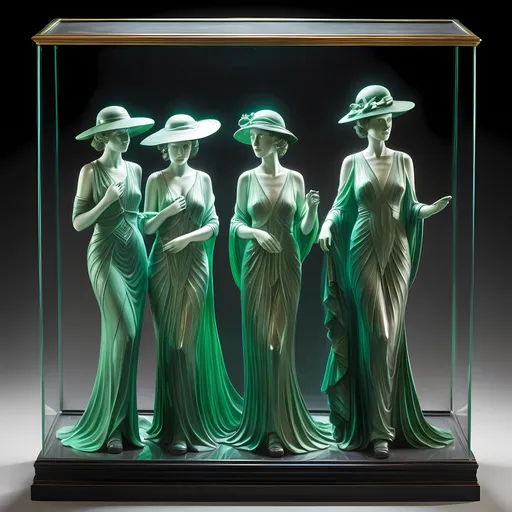 Prompt: three statues of three women in green dresses and hats are in a glass case with a light on the bottom, Charles McAuley, new sculpture, features intricate detail, an art deco sculpture