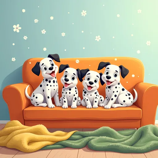 Prompt: A playful gathering of cartoonish Dalmatian puppies fills the scene, nestled together on a vibrant orange couch, their cheerful expressions radiating joy and warmth. The background features a soft, light blue wall adorned with whimsical white polka dots, creating a lighthearted atmosphere. The puppies, each with distinctive spots and varying expressions—some with tongues out and eyes twinkling—add to the charming composition, while a cozy, textured blanket in shades of green and yellow sprawls across the bottom, enhancing the inviting feel of the setting. This delightful tableau captures a sense of friendship and playful energy, inviting viewers into a world brimming with canine cuteness and companionship.