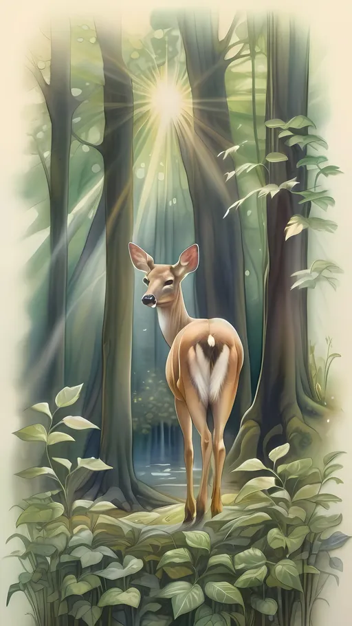 Prompt: (deer standing gracefully), (forest setting), sunbeams filtering through leaves, vibrant greens and earthy browns, soft and ethereal ambiance, (magic realism) elements, intricate foliage details, enchanting atmosphere, high detail watercolor painting, inspired by Anne Stokes and Leesha Hannigan, serene and whimsical mood, flowing brushstrokes that evoke a dreamlike quality.