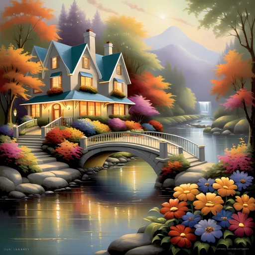 Prompt: Artistic masterpiece of a charming house by a picturesque river, featuring a beautifully designed bridge adorned with vibrant flowers, evoking a sense of fantasy. Inspired by David A. Hardy and Thomas Kinkade's enchanting style, this art deco painting vibrantly captures the harmony between nature and architecture. Warm, rich colors create a lush atmosphere, inviting contemplation and joy. Illuminate it with soft, dreamy lighting. 4K ultra-detailed.