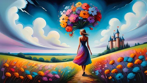 Prompt: (abstract expressionism painting) woman standing in a field of flowers, (vibrant colors), whimsical castle softly illuminated in the background, dramatic sky filled with fluffy clouds, lush flower details, fluid brushstrokes conveying emotion, enchanting atmosphere, rich textures of paint, a stunning masterpiece in fantasy art, detailed matte painting, (vivid) color interplay, atmospheric depth, heartfelt composition.