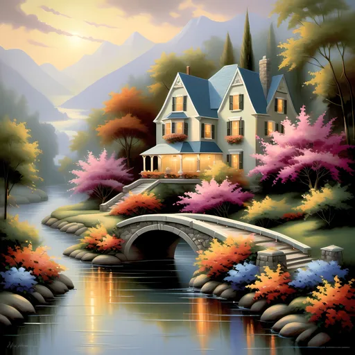 Prompt: Artistic masterpiece of a charming house by a picturesque river, featuring a beautifully designed bridge adorned with vibrant flowers, evoking a sense of fantasy. Inspired by David A. Hardy and Thomas Kinkade's enchanting style, this art deco painting vibrantly captures the harmony between nature and architecture. Warm, rich colors create a lush atmosphere, inviting contemplation and joy. Illuminate it with soft, dreamy lighting. 4K ultra-detailed.