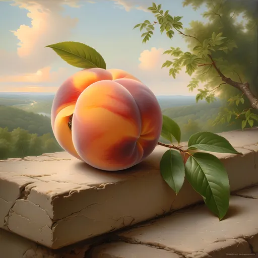 Prompt: Peach on a ledge, vibrant peach hues, intricate texture, lush green tree in the background, serene sky filled with soft white clouds, Asher Brown Durand inspiration, American scene painting, extremely detailed oil painting, airbrush techniques, warm lighting, tranquil ambiance, ornate brushwork, high-quality masterpiece, capturing nature’s beauty in stunning detail.