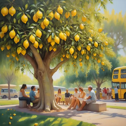 Prompt: (figurative art) painting of people sitting under a tree adorned with vibrant lemons, a bus in the background, (impressionist style), dreamy and soft brush strokes, lush green foliage, warm golden sunlight filtering through the leaves, creating a cheerful atmosphere, richly textured layers, subtle color variations, ultra-detailed, a fine art masterpiece that evokes serenity and community.