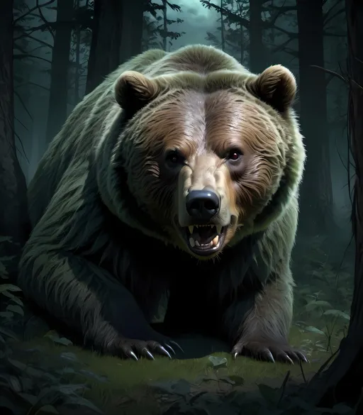 Prompt: Wooded glade, an evil-looking female child, sadistic expression, small and sinister posture, tormenting a grizzly bear, helplessly tied to a tree, detailed fur textures emphasizing the bear's distress, eerie twilight atmosphere, dark lush greens contrasted with ominous shadows, tense and unsettling mood, mystical forest background, ultra-detailed, haunting ambiance, dramatic lighting creating depth.