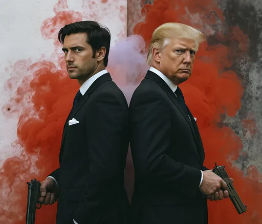 Prompt: Two men dressed in black suits, white shirts, and dark ties, with white pocket squares, stand back-to-back, each holding a gun in their right hand, with the man on the left having dark hair and the man on the right having blond hair, against a red and white smoky background with a vertical white wall on the left and a gray wall on the right.