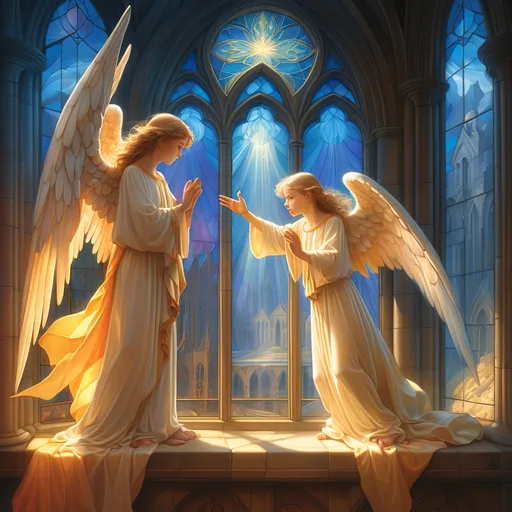 Prompt: two angels are standing in front of a stained glass window with a stained glass window behind them and a stained glass window behind them, Christophe Vacher, fantasy art, rossdraws global illumination, a storybook illustration