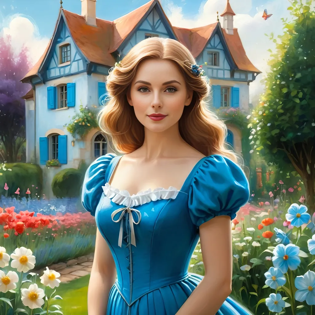Prompt: a woman in a blue dress standing in a garden with flowers and a house in the background with a fairy tale written on it, Clarice Beckett, fantasy art, fantasy character portrait, a character portrait