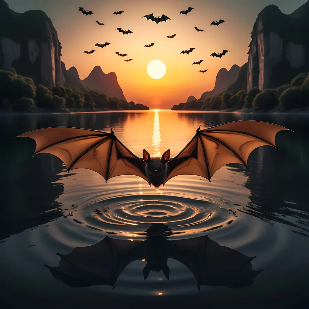 Prompt: a bat flying over a body of water at sunset with bats flying overhead and a sun setting in the background, Chris LaBrooy, rayonism, award - winning photo, a matte painting