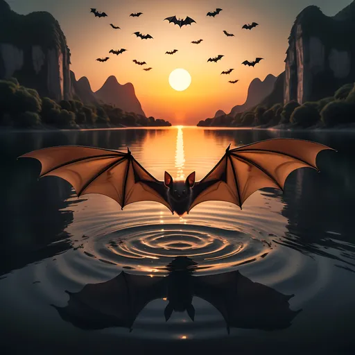 Prompt: a bat flying over a body of water at sunset with bats flying overhead and a sun setting in the background, Chris LaBrooy, rayonism, award - winning photo, a matte painting