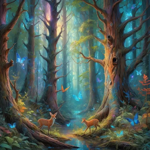 Prompt: (fantasy art), painting of a forest, (a myriad of trees), (detailed wildlife), vibrant animals scattering, ethereal blue light illuminating the center, tranquil ambiance, intricate texture elements of bark and foliage, (impressionistic style), enchanting colors, whimsical atmosphere, depth and layers creating a sense of wonder, inviting and atmospheric, (4K resolution), ultra-detailed craftsmanship, masterful composition.