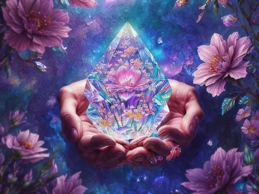 Prompt: (original concept: crystal object in hands), (surrounded by vibrant flowers), (ethereal sky background), (holographic elements), (Android Jones inspired), (cloisonnism style), (highly detailed), (captivating color contrasts), (vivid and dynamic), (masterpiece artwork), (trending on ArtStation), (4K resolution), (ultra-detailed composition)