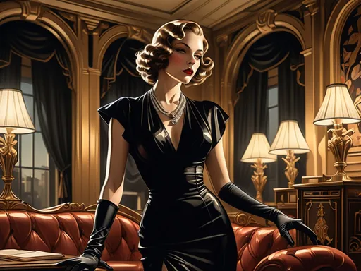 Prompt: (central content: woman in a black dress and gloves), (Luxurious room), chandeliers and wall lamps, (art deco style), (freedom of expression), (elegant posture), dramatic lighting casting rich shadows, intricate details and patterns, (J.C. Leyendecker inspired), (comic book panel design), vibrant color contrast, (highly detailed), 8K ultra-resolution, cinematic ambiance.