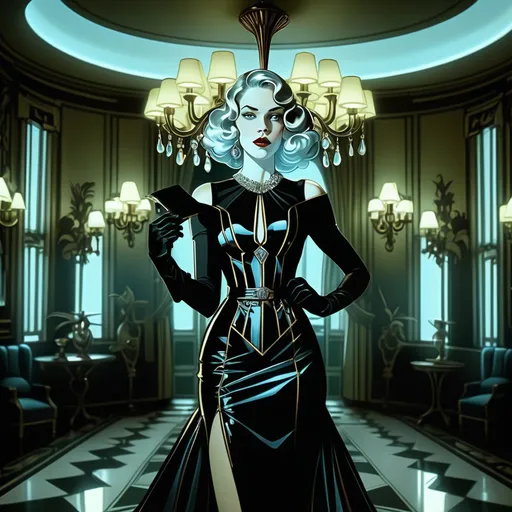 Prompt: (central content: woman in a black dress and gloves), (Luxurious room), chandeliers and wall lamps, (art deco style), (freedom of expression), (elegant posture), dramatic lighting casting rich shadows, intricate details and patterns, (J.C. Leyendecker inspired), (comic book panel design), vibrant color contrast, (highly detailed), 8K ultra-resolution, cinematic ambiance.