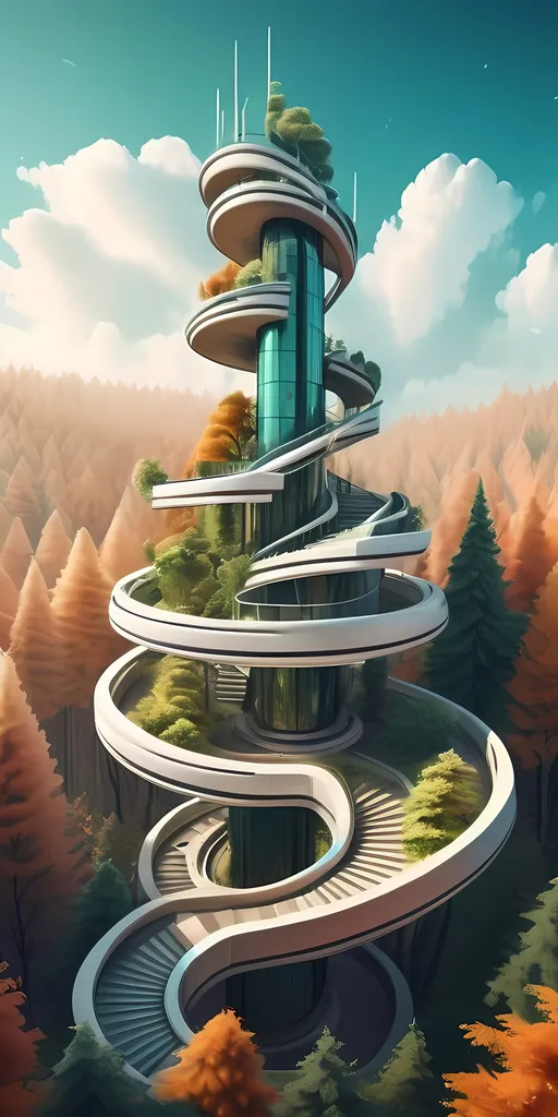 Prompt: a futuristic city with a spiral staircase going up the side of it in the middle of a forest with trees, Chris LaBrooy, retrofuturism, futuristic, concept art