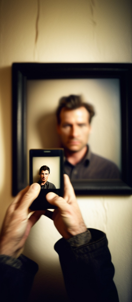 Prompt: A (man holding a cell phone), blurred portrait of (Dennis Ashbaugh) on wall, artistic vibe, (Polaroid-style photo), surreal ambiance, muted colors, soft lighting, modern expression, film-inspired backdrop, focusing on (contrast between clarity and blur), capturing emotion, life reflected, ultra-detailed, HD) imaging, infused with artistic essence inspired by (Earl Moran).