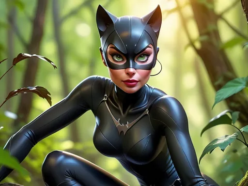 Prompt: (catwoman in a dynamic pose), mysterious forest background, lush green trees and dappled sunlight filtering through, (vibrant colors), feline features highlighted, wearing sleek, dark attire that blends with the surroundings, (highly detailed), (mystical vibe), captivating expression suggesting agility and confidence, enchanting atmosphere with subtle magical elements, (4K resolution), emphasizes the beauty and allure of the feline character.